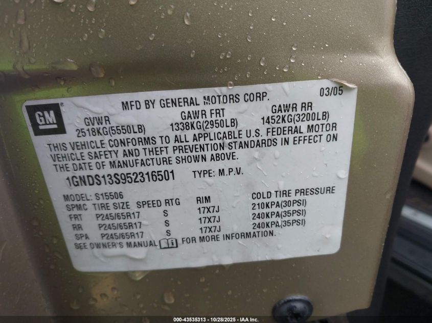 2005 Chevrolet Trailblazer Ls VIN: 1GNDS13S952316501 Lot: 43535313