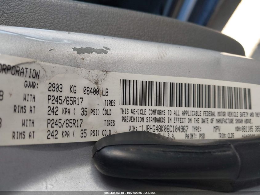 2006 Jeep Commander VIN: 1J8HG48K06C104967 Lot: 43535318