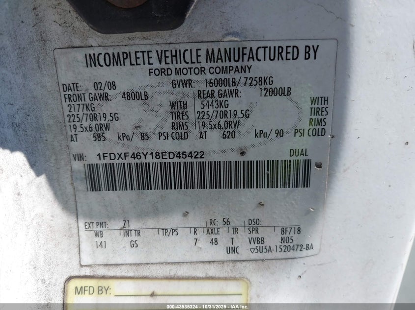 2008 Ford F-450 Chassis Xl/Xlt VIN: 1FDXF46Y18ED45422 Lot: 43535324