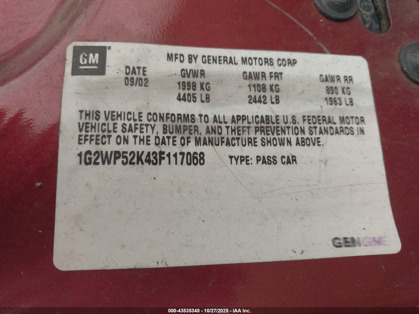 2003 Pontiac Grand Prix Gt VIN: 1G2WP52K43F117068 Lot: 43535348