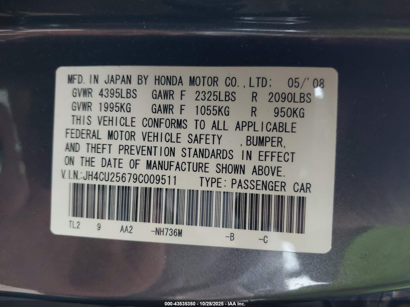 2009 Acura Tsx VIN: JH4CU25679C009511 Lot: 43535350
