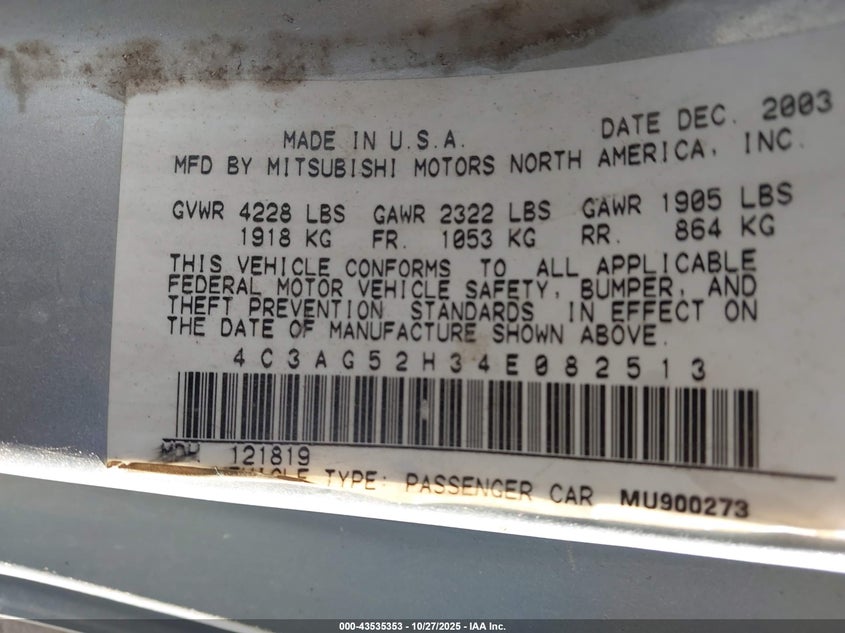 2004 Chrysler Sebring Limited VIN: 4C3AG52H34E082513 Lot: 43535353