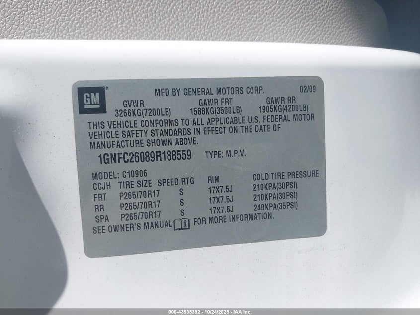 2009 Chevrolet Suburban 1500 Lt2 VIN: 1GNFC26089R188559 Lot: 43535392