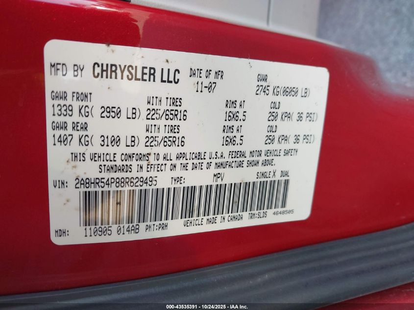 2008 Chrysler Town & Country Touring VIN: 2A8HR54P88R629495 Lot: 43535391