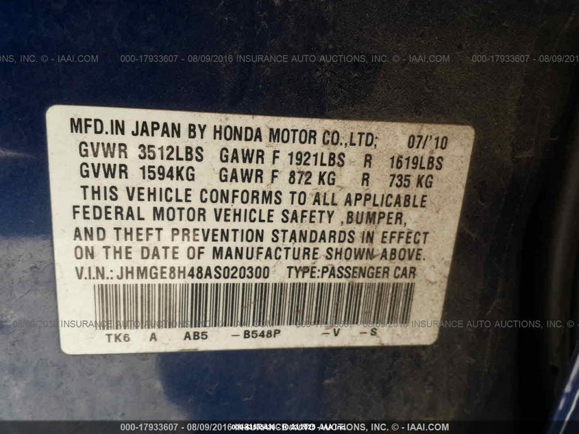 JHMGE8H48AS020300 2010 HONDA FIT photo no. 9