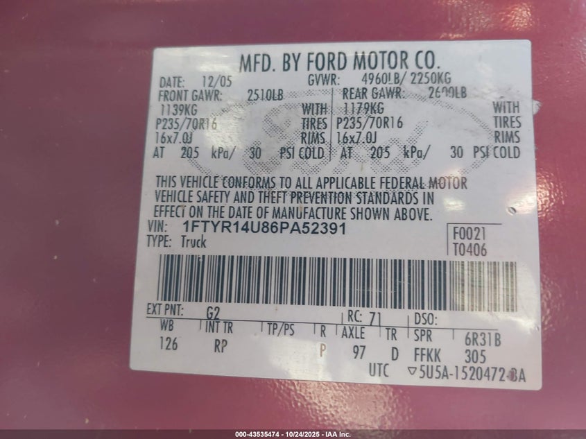 2006 Ford Ranger Sport/Stx/Xl/Xlt VIN: 1FTYR14U86PA52391 Lot: 43535474