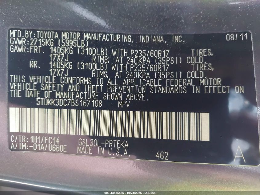 2011 Toyota Sienna Le V6 VIN: 5TDKK3DC7BS167108 Lot: 43535485