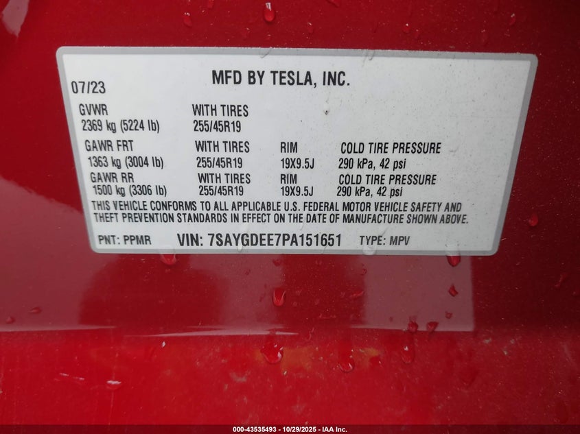 2023 Tesla Model Y Awd/Long Range Dual Motor All-Wheel Drive VIN: 7SAYGDEE7PA151651 Lot: 43535493
