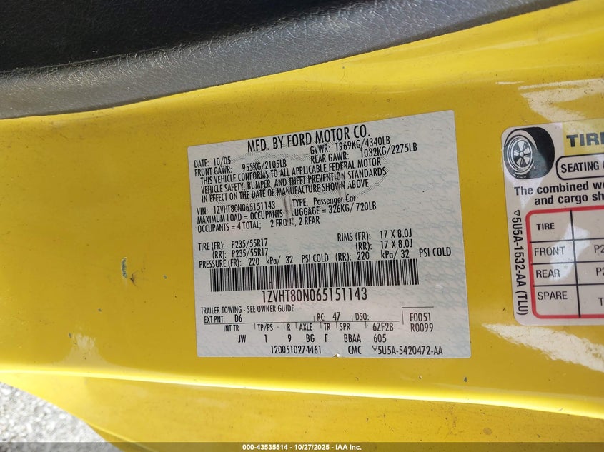 2006 Ford Mustang V6 VIN: 1ZVHT80N065151143 Lot: 43535514