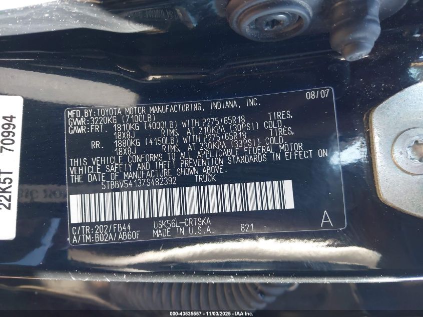2007 Toyota Tundra Sr5 5.7L V8 VIN: 5TBBV54137S482392 Lot: 43535557