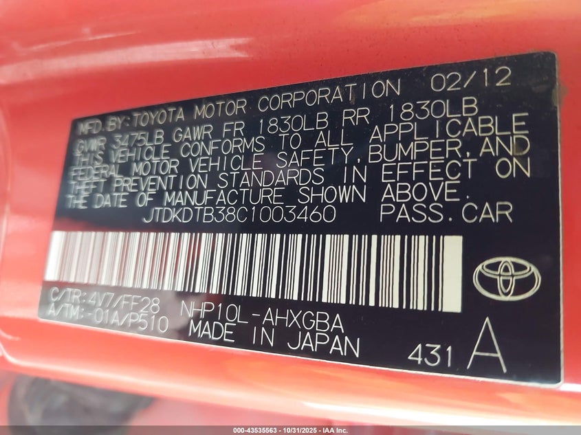 2012 Toyota Prius C Three VIN: JTDKDTB38C1003460 Lot: 43535563