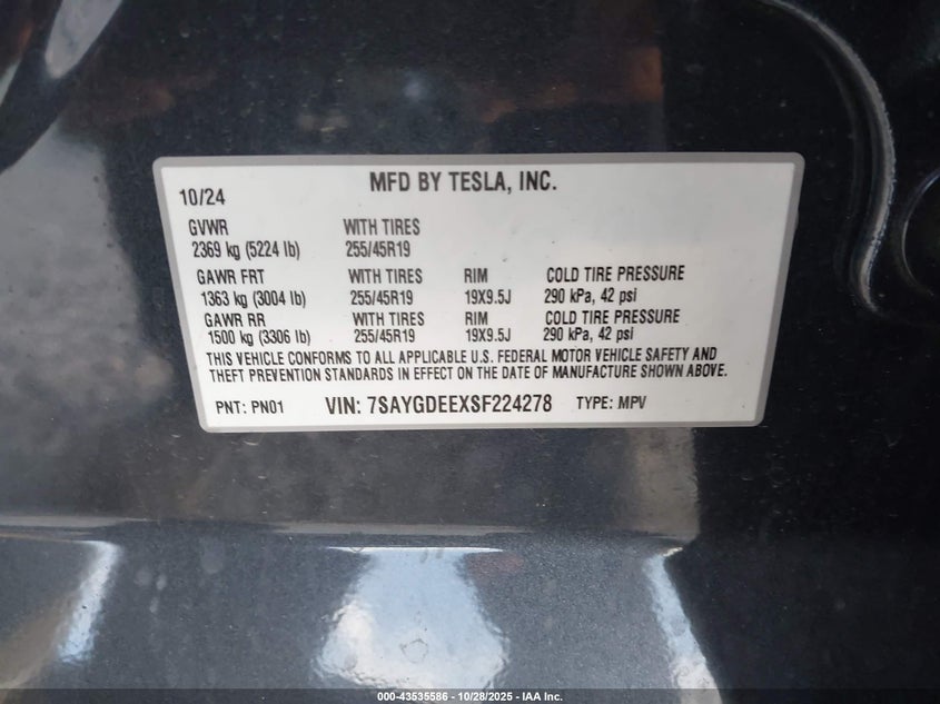 2025 Tesla Model Y Long Range Dual Motor All-Wheel Drive VIN: 7SAYGDEEXSF224278 Lot: 43535586
