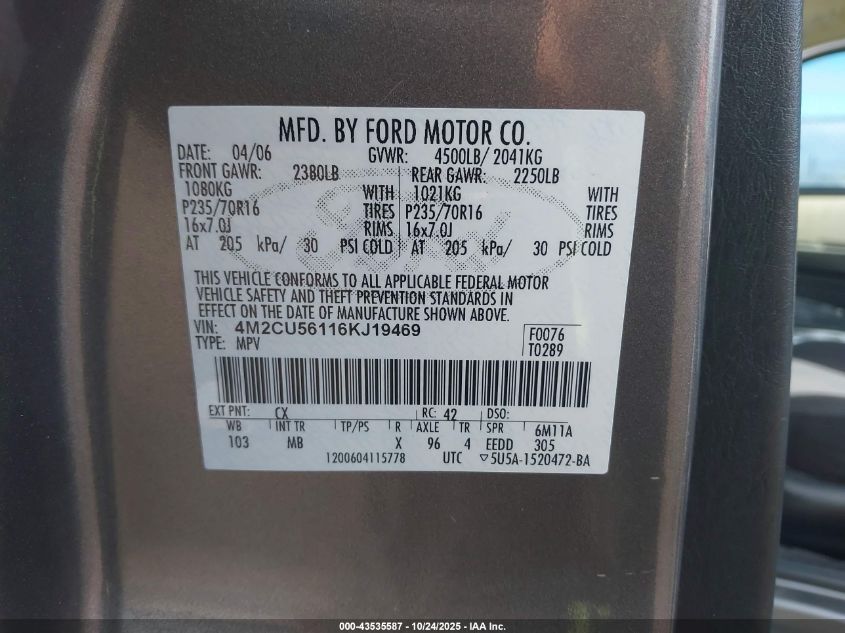 2006 Mercury Mariner Luxury/Premier VIN: 4M2CU56116KJ19469 Lot: 43535587