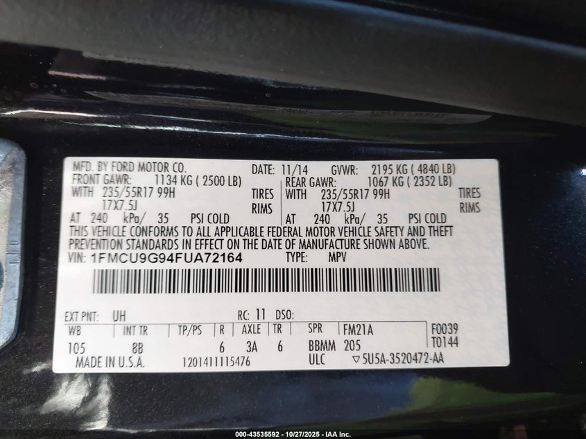 2015 FORD ESCAPE SE 1FMCU9G94FUA72164