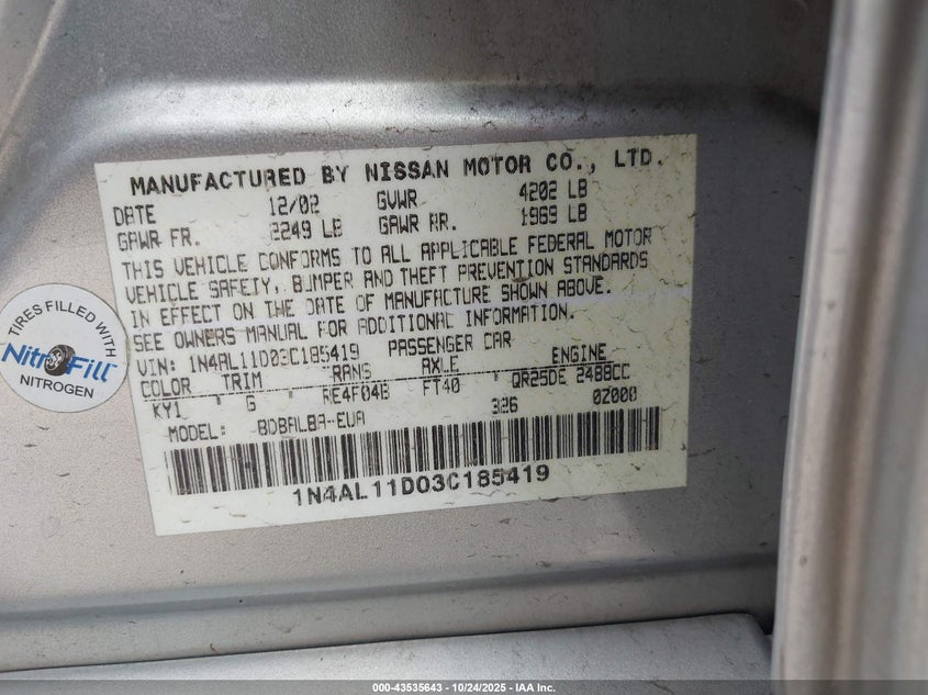 2003 Nissan Altima 2.5 S VIN: 1N4AL11D03C185419 Lot: 43535643