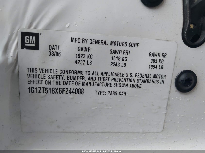 2006 Chevrolet Malibu Lt VIN: 1G1ZT518X6F244088 Lot: 43535658