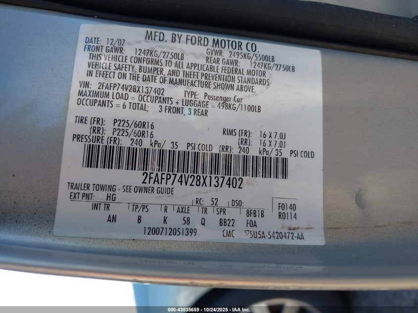 2008 Ford Crown Victoria Lx VIN: 2FAFP74V28X137402 Lot: 43535659