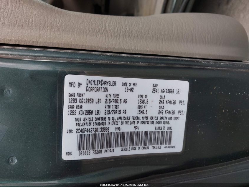 2003 Chrysler Town & Country Lx VIN: 2C4GP44373R133905 Lot: 43535712