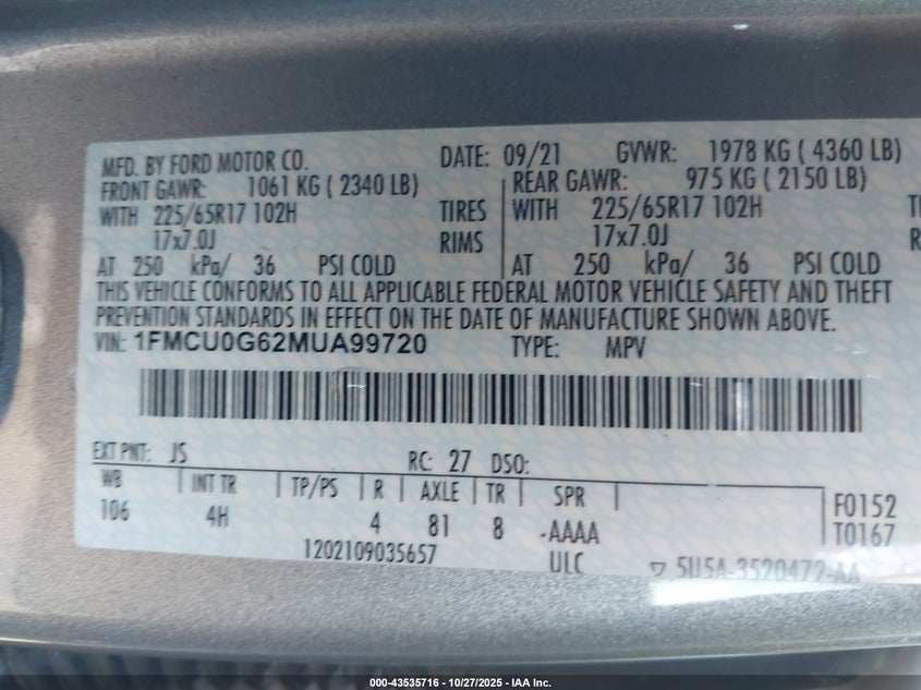 2021 FORD ESCAPE SE 1FMCU0G62MUA99720