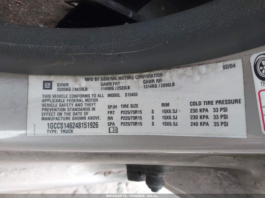 2004 Chevrolet Colorado Ls VIN: 1GCCS146248151926 Lot: 43535719