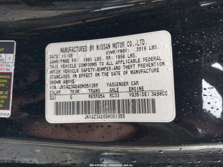 2006 Nissan 350Z Enthusiast VIN: JN1AZ34E66M351355 Lot: 43535721