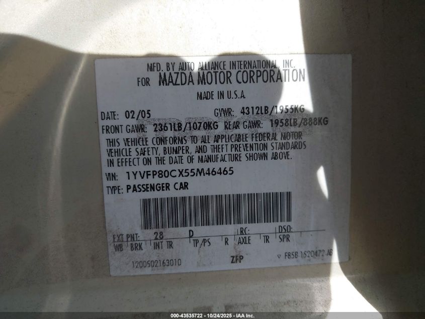 2005 Mazda Mazda6 I Base VIN: 1YVFP80CX55M46465 Lot: 43535722