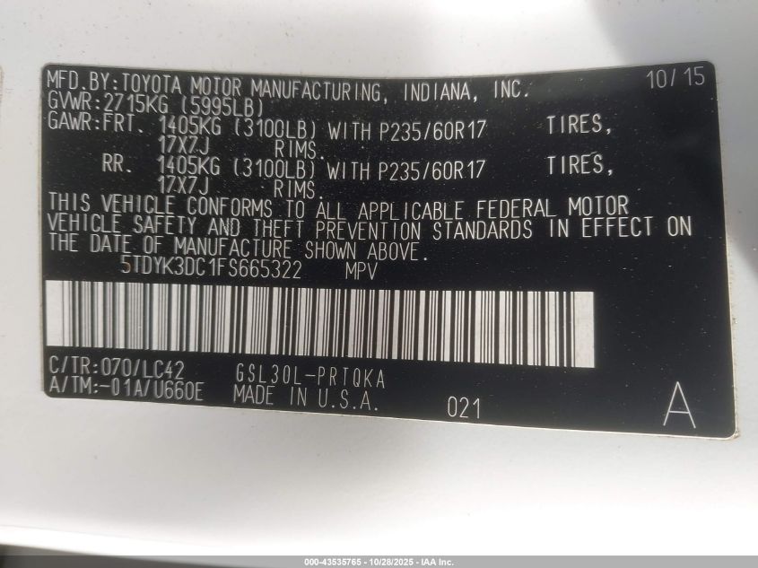 2015 Toyota Sienna Xle/Limited VIN: 5TDYK3DC1FS665322 Lot: 43535765