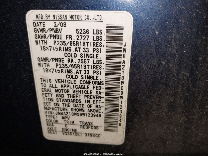 2009 Nissan Murano Sl VIN: JN8AZ18W09W123949 Lot: 43535766