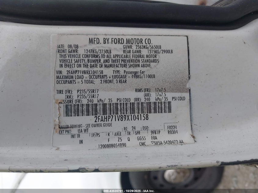 2009 Ford Crown Victoria Police/Police Interceptor/Police Interceptor W/3.55 Ls Axle (730A) VIN: 2FAHP71V89X104158 Lot: 43535781