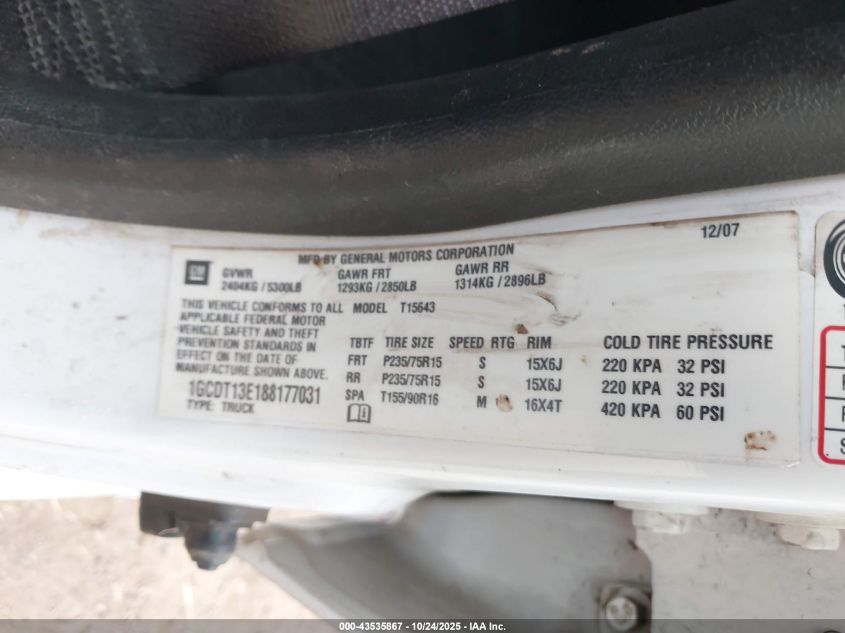 2008 Chevrolet Colorado Lt VIN: 1GCDT13E188177031 Lot: 43535867