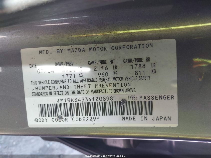 2004 Mazda Mazda3 S VIN: JM1BK343341208981 Lot: 43535872