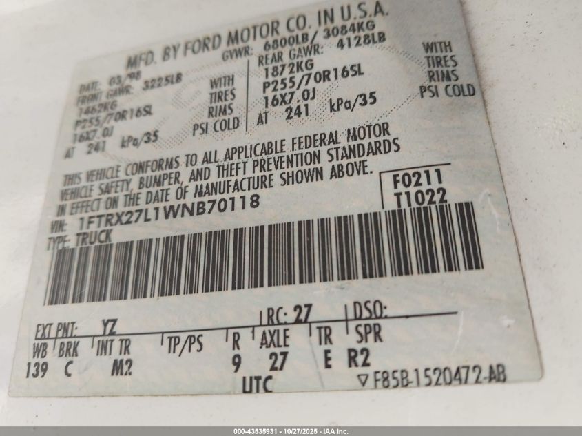 1998 Ford F250 VIN: 1FTRX27L1WNB70118 Lot: 43535931