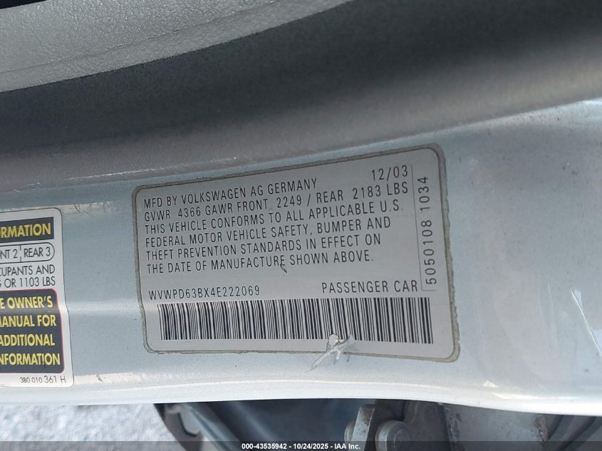 2004 Volkswagen Passat Gls VIN: WVWPD63BX4E222069 Lot: 43535942
