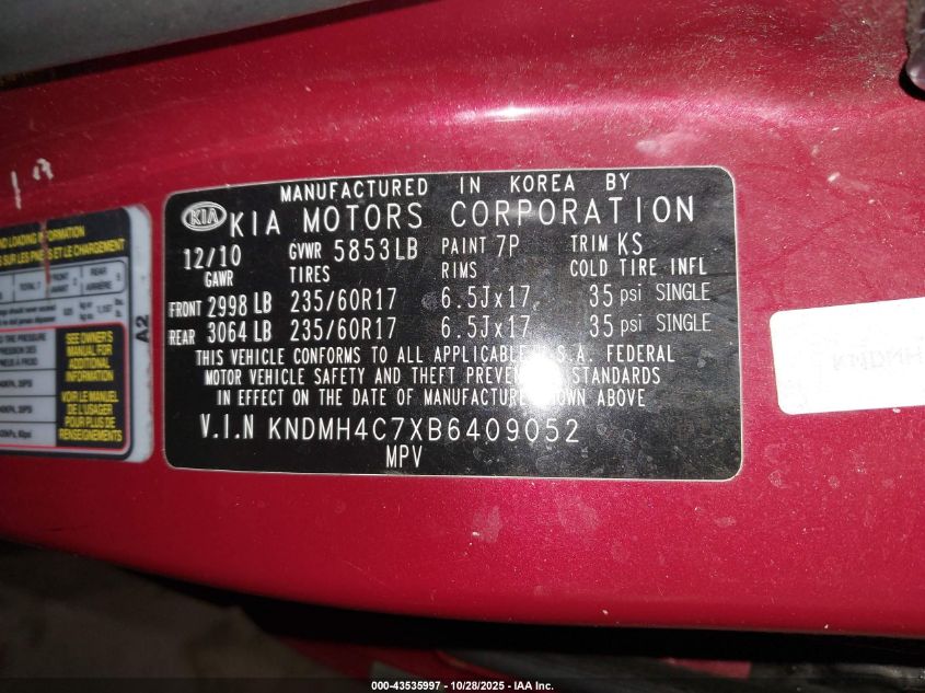 2011 Kia Sedona Ex VIN: KNDMH4C7XB6409052 Lot: 43535997