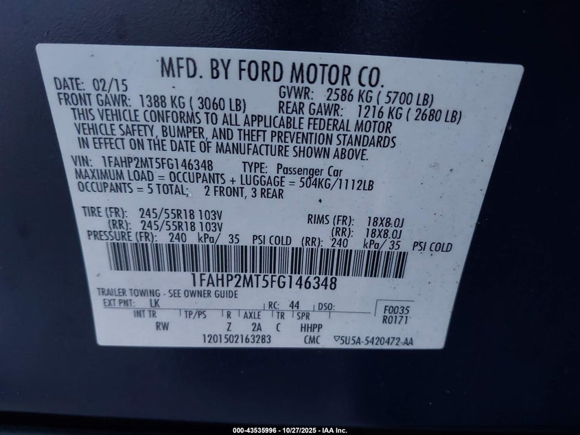 2015 FORD POLICE INTERCEPTOR 1FAHP2MT5FG146348