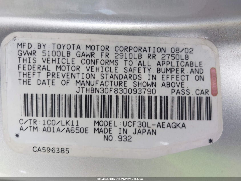 JTHBN30F830093790 2003 LEXUS LS photo no. 9