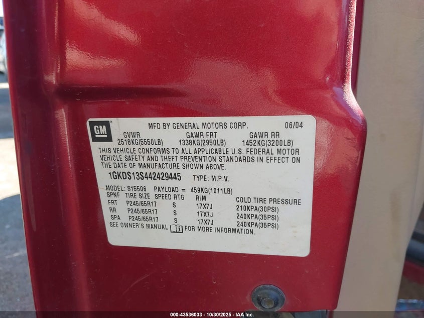2004 GMC Envoy Sle VIN: 1GKDS13S442429445 Lot: 43536033