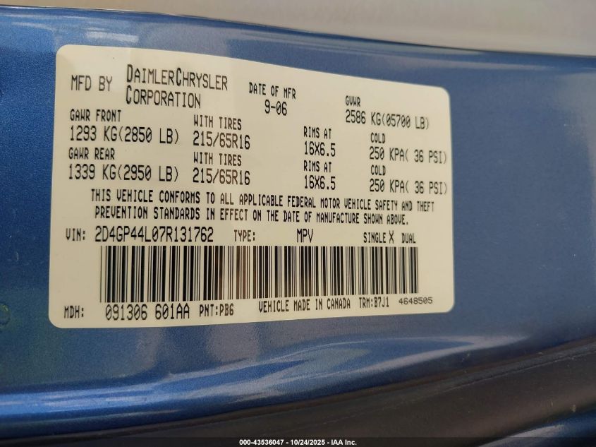 2007 Dodge Grand Caravan Sxt VIN: 2D4GP44L07R131762 Lot: 43536047