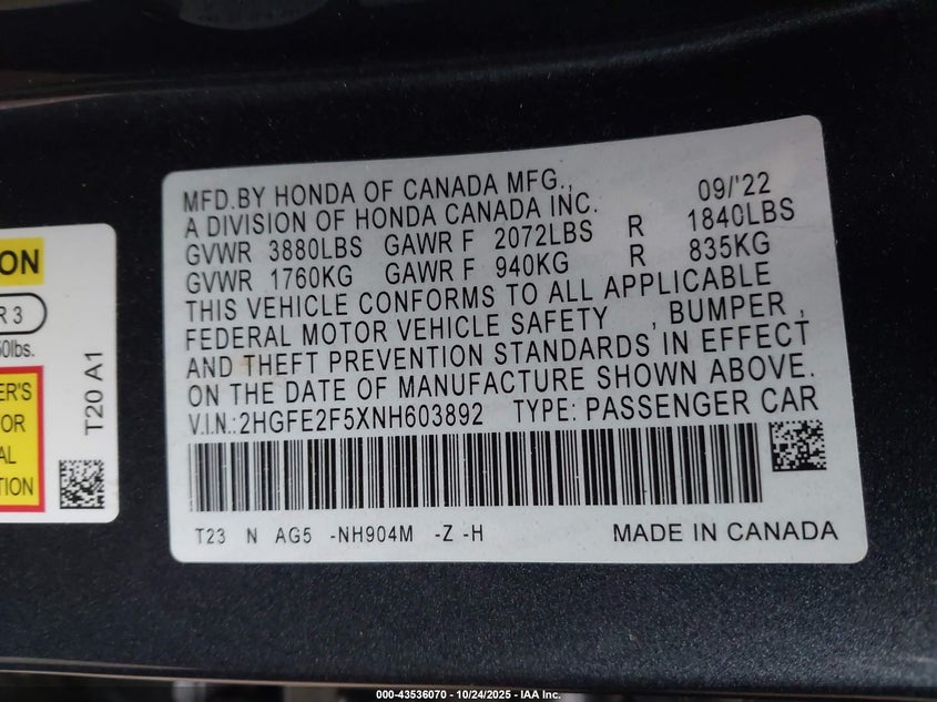 2HGFE2F5XNH603892 2022 HONDA CIVIC photo no. 9