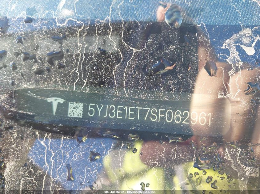 2025 Tesla Model 3 Performance VIN: 5YJ3E1ET7SF062961 Lot: 43536092