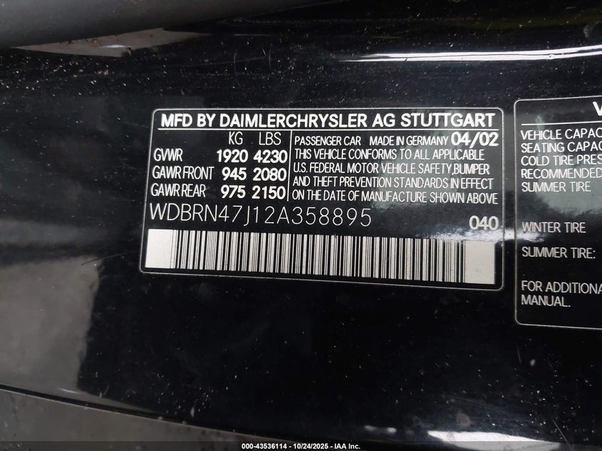 2002 Mercedes-Benz C 230 VIN: WDBRN47J12A358895 Lot: 43536114