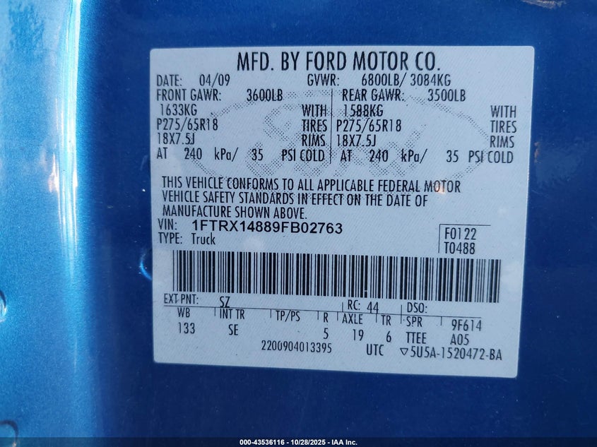 1FTRX14889FB02763 2009 FORD F-150 photo no. 9