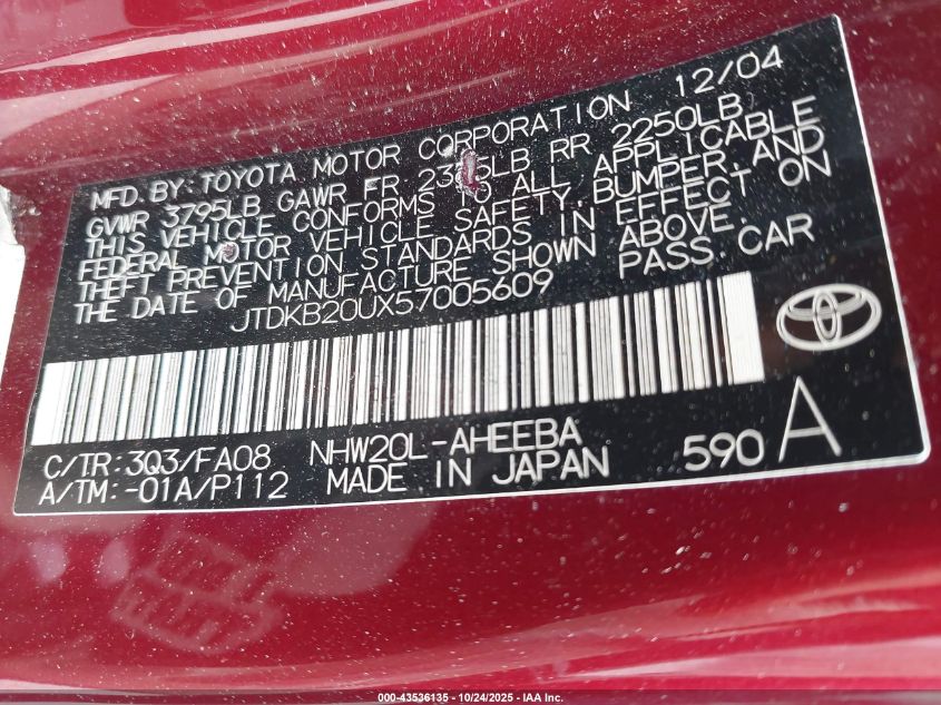 2005 Toyota Prius VIN: JTDKB20UX57005609 Lot: 43536135