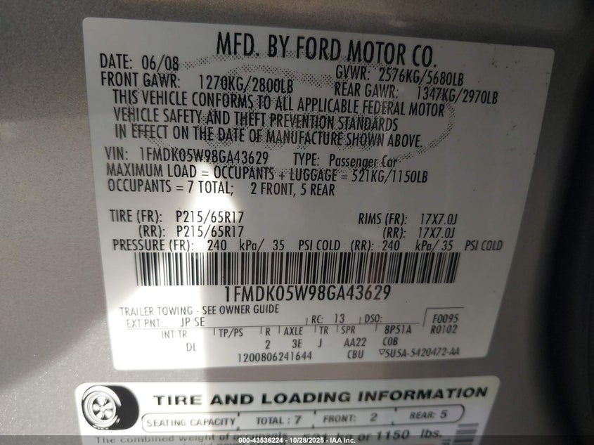 2008 Ford Taurus X Sel VIN: 1FMDK05W98GA43629 Lot: 43536224