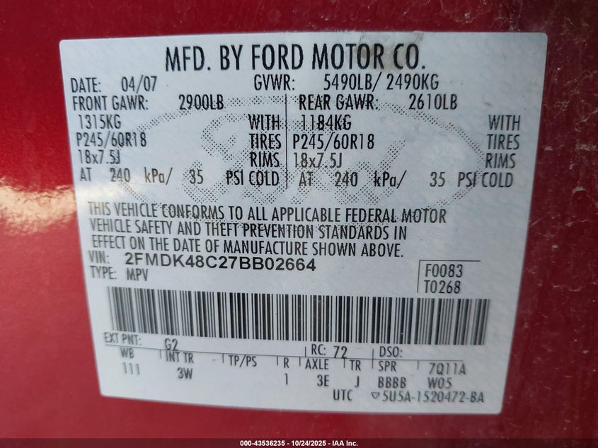 2007 Ford Edge Sel VIN: 2FMDK48C27BB02664 Lot: 43536235