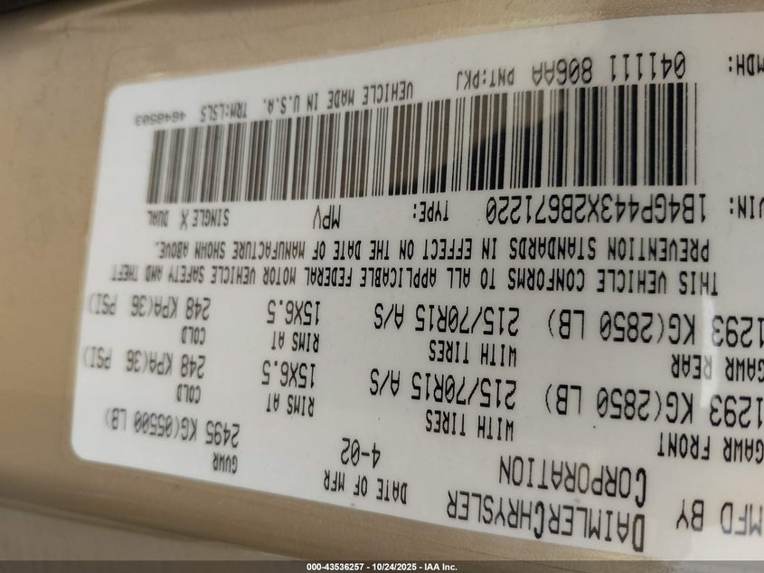 2002 Dodge Caravan Sport VIN: 1B4GP443X2B671220 Lot: 43536257