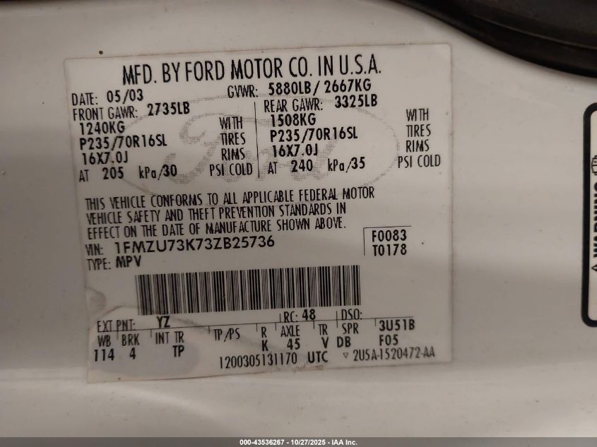 2003 Ford Explorer Nbx/Xlt VIN: 1FMZU73K73ZB25736 Lot: 43536267