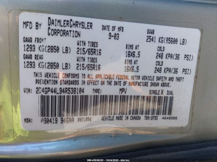 2004 Dodge Grand Caravan Sxt VIN: 2D4GP44L94R538104 Lot: 43536320