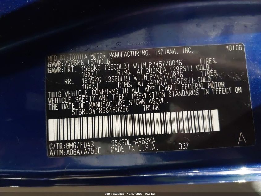 2006 Toyota Tundra Sr5 VIN: 5TBRU34186S480268 Lot: 43536336