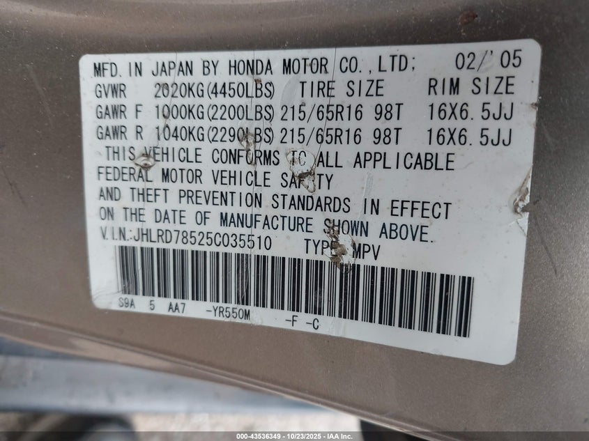 2005 Honda Cr-V Lx VIN: JHLRD78525C035510 Lot: 43536349